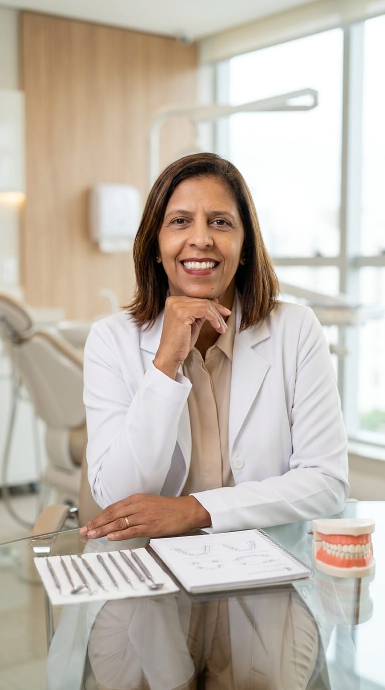 Dra. Rosane Costa, de jaleco, no consultório